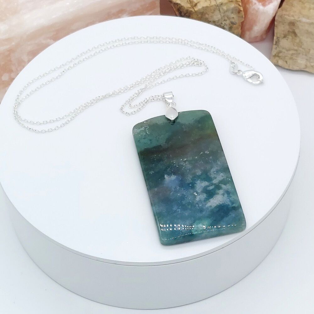Large Moss Agate Necklace Natural Gemstone Statement Pendant - Picture 1 of 6